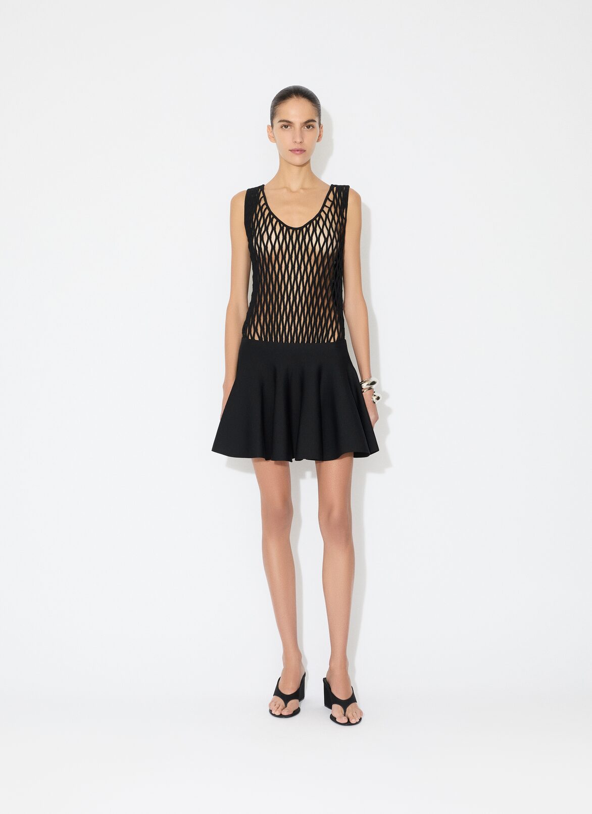 MACRAMÉ KNIT SKATER DRESS ALAÏA BLACK MACRAMÉ KNIT SKATER DRESS
